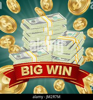 Grande vincitore vettore Poster. Vincete. La caduta di esplosione delle monete d'oro. Di dollari di denaro di pile di banconote Illustrazione Vettoriale