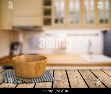 3D rendering stoviglie sul banco in legno con cucina sfondo sfocato Foto Stock