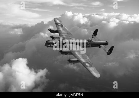 Una rappresentazione della 460 squadriglia di bombardieri Lancaster W5005, AR-L, recanti il suo 'kangaroo in stivali da pioggia la riproduzione di cornamuse' naso art. La bomba sho tally Foto Stock