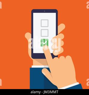 Le caselle di controllo e il segno di spunta sulla schermata dello smartphone. Mano trattiene lo smartphone e dito tocchi lo schermo. Elenco di controllo moderno design piatto illustrazione. Illustrazione Vettoriale