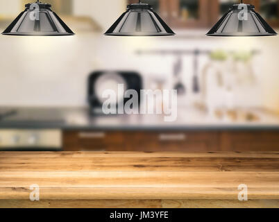 Contatore di legno con rendering 3d lampade pensili con sfondo di cucina Foto Stock