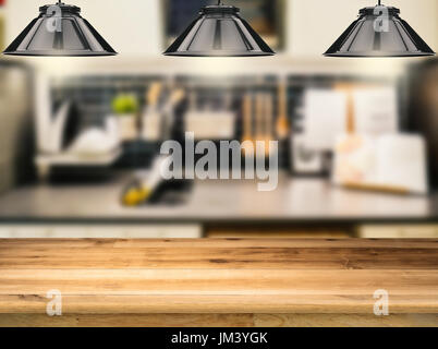 Contatore di legno con rendering 3d lampade pensili con sfondo di cucina Foto Stock