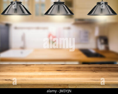 Contatore di legno con rendering 3d lampade pensili con sfondo di cucina Foto Stock