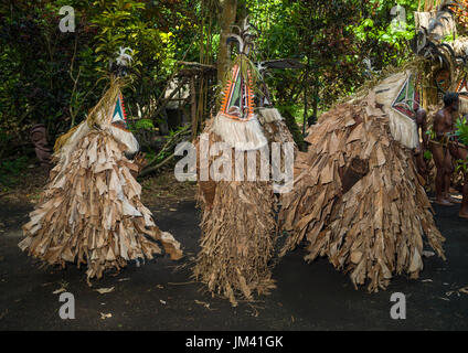 Tribesmen vestito di mille colori delle maschere e costumi realizzati dalle foglie degli alberi di banane eseguendo una Rom dance, Ambrym island, Fanla, Vanuatu Foto Stock