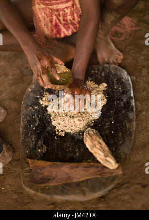 La donna la preparazione e la spremitura di kava a bere ad una tradizionale cerimonia, Sanma Provincia, Espiritu Santo, Vanuatu Foto Stock