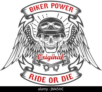 Racer teschio con ali e due pistoni incrociati. Biker power. Ride o morire. Elemento di design per poster, t-shirt, emblema. Illustrazione Vettoriale Illustrazione Vettoriale