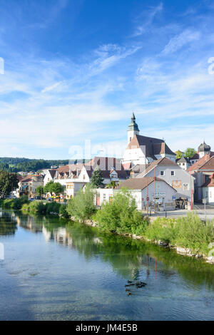 Fiume Erlauf, Città Vecchia, chiesa, Scheibbs, Mostviertel, Niederösterreich, Austria Inferiore, Austria Foto Stock