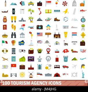 100 agenzia turismo set di icone di stile di Piana Illustrazione Vettoriale