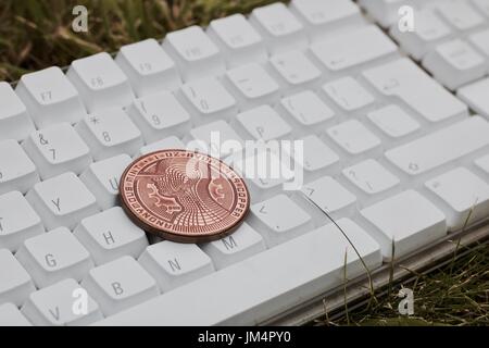 Valuta digitale fisico bitcoin in ottone moneta sulla tastiera bianca in erba. Foto Stock