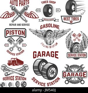 Garage, stazione di servizio pneumatici, negozio di ricambi per auto store. Gli elementi di design per il logo, l'etichetta, emblema, segno, poster, t-shirt. Illustrazione Vettoriale Illustrazione Vettoriale