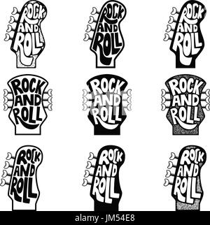 Rock and Roll. Set di disegnata a mano una frase di chitarra sulla testa del collo dello sfondo. Elemento di design per poster, emblema, segno. Illustrazione Vettoriale Illustrazione Vettoriale