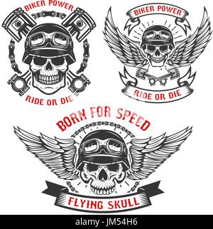 Nato per la velocità. Set di biker teschi in caschi, con le ali e i pistoni. Gli elementi di design per il logo, l'etichetta, emblema, segno. Illustrazione Vettoriale Illustrazione Vettoriale