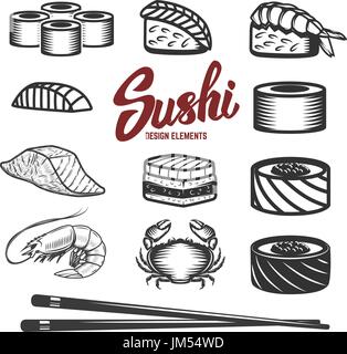 Set di icone di sushi su sfondo bianco di pesce tradizionale giapponese il cibo. Gli elementi di design per menu, poster, flyer. Illustrazione Vettoriale