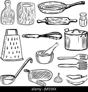 Set di disegnati a mano utensili per la cucina. Gli elementi di design per menu, poster. Illustrazione Vettoriale Illustrazione Vettoriale