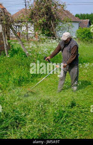Uomo locale utilizzando un decespugliatore per il taglio di erba lunga nel giardino di una casa rurale in un villaggio in Zala county Ungheria Foto Stock