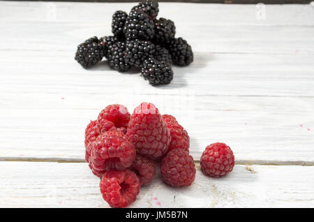 Blackberry e rosso lampone. Frutti di bosco su uno sfondo bianco. Bacche multicolori. Foto Stock