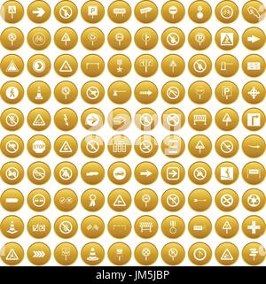 100 segnaletica stradale set di icone di oro Illustrazione Vettoriale