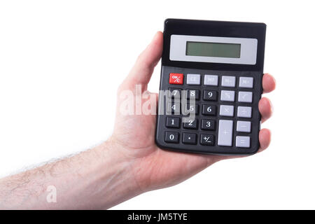 Uomo con una calcolatrice con un fustellato display digitale nel suo canto isolato su bianco in un esercizio concettuale o immagine di matematica Foto Stock