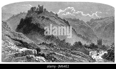 1870:: Peveril Castle aka Castleton Castello e Castello di picco è una rovina undicesimo secolo castello che domina il borgo di Castleton nel Derbyshire, Inghilterra. Foto Stock