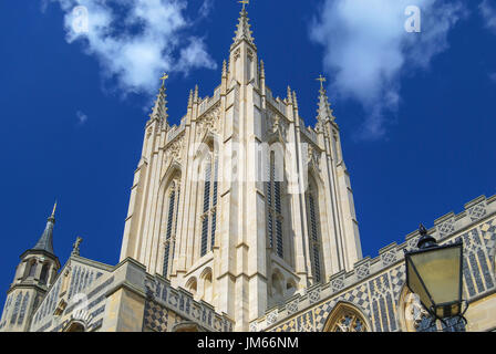 St Edmundsbury Cathedral da Abbey Gardens, Bury St Edmunds, Suffolk, Inghilterra, Regno Unito Foto Stock