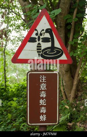 Cartello di avvertimento, guardatevi di serpenti velenosi e velenosi bee segno, Chinan National Forest Recreation Area, Shoufeng Township, Hualien, Taiwan Foto Stock