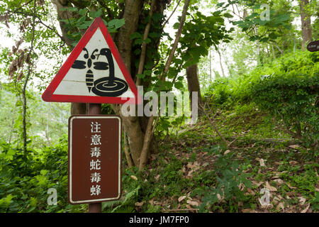 Cartello di avvertimento, guardatevi di serpenti velenosi e velenosi bee segno, Chinan National Forest Recreation Area, Shoufeng Township, Hualien, Taiwan Foto Stock