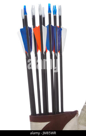 Sport frecce con fletching e nocks nella faretra isolato Foto Stock