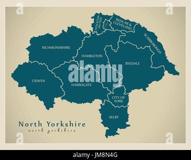 Mappa moderno - North Yorkshire County con il distretto di didascalie Inghilterra illustrazione del Regno Unito Illustrazione Vettoriale