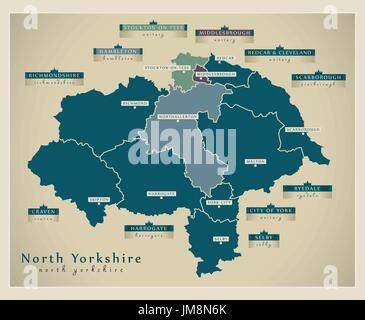 Mappa moderno - North Yorkshire County con etichette Inghilterra illustrazione del Regno Unito Illustrazione Vettoriale