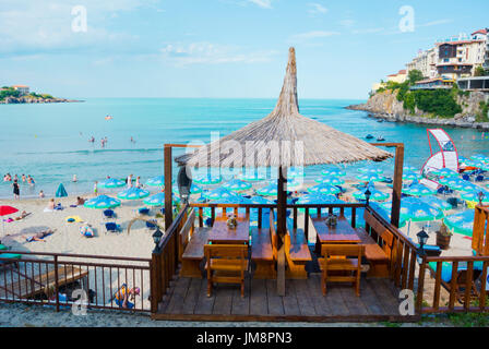 Bar terrazza, Central Beach, Sozopol Bulgaria Foto Stock