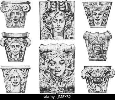 Dettaglio antico edificio classico. architettonico elementi ornamentali. mostra toscano, dorico, ionico e colonna romana. incisi disegnati a mano nel vecchio sketch, vintage e antiquariato, barocca o stile gotico. Illustrazione Vettoriale