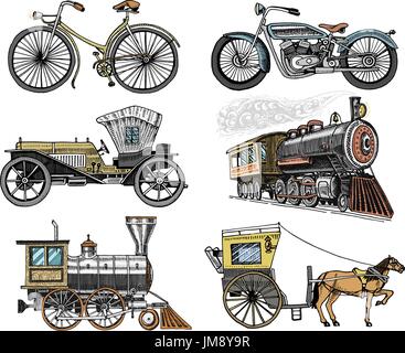 Auto, moto, carrozza trainata da cavalli, locomotiva. incisi disegnati a mano in vecchio stile sketch, vintage trasporto di passeggeri. Illustrazione Vettoriale