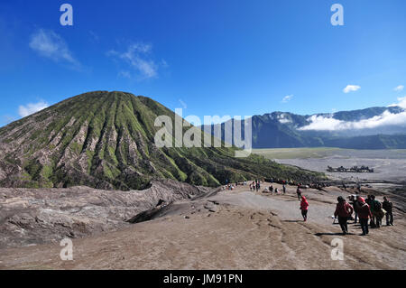 SURABAYA, Indonesia - 11 Maggio 2015: Turisti in foothill del Monte Bromo Tengger Semeru National Park in Java Orientale, Indonesia. Foto Stock
