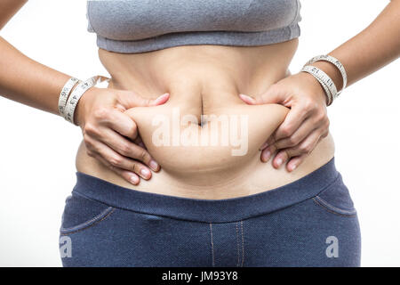 Il sovrappeso donna con la mano che regge il grasso ventre Foto Stock