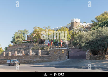 A Windhoek, Namibia - Giugno 16, 2017: Hotel Heinitzburg, costruito nel 1914, è uno dei tre castelli a Windhoek, la città capitale della Namibia Foto Stock