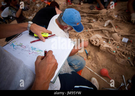 Gli antropologi, volontari e gli studenti lavorano sull'esumazione da resti di 23 abitanti di un villaggio eseguito da milizie franchisti durante la Guerra Civile Spagnola in La Andaya montagna, vicino al villaggio di Lerma, Burgos. Quattro tombe di massa sono stati trovati con corpi 87 comprendente i resti di sette sindaci diversi consiglieri e anche una provinciale membro del Parlamento. Foto Stock