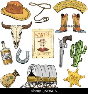 Wild West, rodeo show, cowboy o indiani con lazo. hat e gun, cactus con sheriff star e bisonti, boot con ferro di cavallo e manifesto wanted. incisi disegnati a mano nel vecchio schizzo o e in stile vintage. Illustrazione Vettoriale