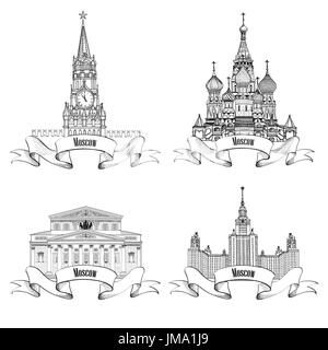 Città di Mosca etichetta impostata. teatro Bolshoy, spasskaya tower, Università statale di Mosca, saint baisil cattedrale. Icona del viaggio vettore collezione. Foto Stock