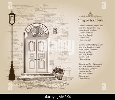 Vecchie porte in stile vintage su sfondo bianco. Ingresso di casa del disegno a mano illustrazione. Doodle accogliente street vicoletto wallpaper design Foto Stock