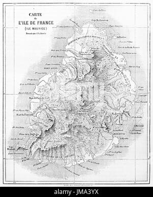 Vecchia Mappa di Mauritius. Creato da Vullelmin, inciso da Erhard e Bonaparte, pubblicato in Le Tour du Monde, Parigi, 1861 Foto Stock