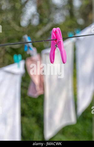 Colore luminoso asciugamani ancorata ad una linea di lavaggio asciugatura contro un albero sfocata sullo sfondo Foto Stock