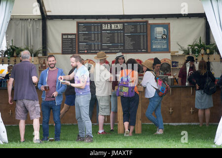 Cambridge, Regno Unito. 27 Luglio, 2017.Gli appassionati di musica prendere riparo dalla pioggia alla partenza per il 53 Festival del Folk di Cambridge in Cherry Hinton Hall il giovedì pomeriggio. Credito: Geoffrey Robinson/Alamy Live News Foto Stock