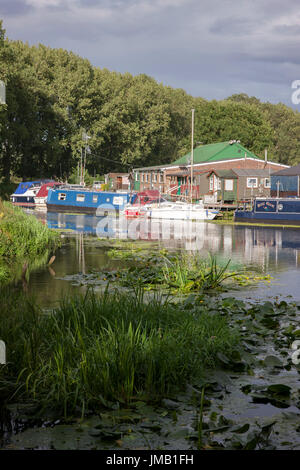 Northampton, meteo 27 luglio 2017, una calda serata soleggiata con docce occasionali lungo il fiume Nene con narrowboats e altre navi ormeggiate in una zona appartata accanto al fiume. Credito: Keith J Smith./Alamy Live News Foto Stock