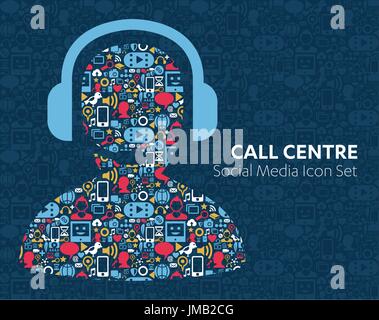 Set di vettore di social media le icone Musica call center, assistenza clienti, supporto online banners in elegante stile piatto mic, cuffia Illustrazione Vettoriale