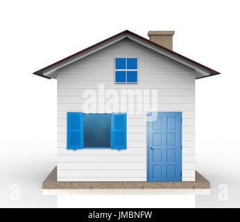 Il rendering 3D Casa bianca modello con finestra blu e porta blu Foto Stock