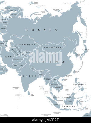 Asia mappa politico con frontiere e paesi. Più grande e più popoloso continente. Illustrazione di grigio su sfondo bianco. Etichetta inglese. Foto Stock