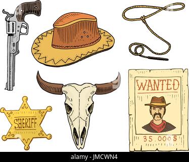 Wild West, rodeo show, cowboy o indiani con lazo. hat e gun, cactus con ferro di cavallo, sceriffo star e bisonti, bull cranio e manifesto wanted. incisi disegnati a mano nel vecchio disegno e stile vintage. Illustrazione Vettoriale