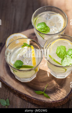 Rinfrescanti drink limonata con la menta lime limone in giardino Foto Stock