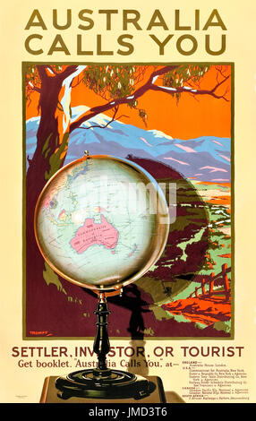 "L'Australia vi chiama. Il decantatore, investitori o turisti" 1928 Turismo Poster rilasciato dalla Australian Ferrovie nazionali Commissione progettato da Percy Trompf (1902-1964). Foto Stock