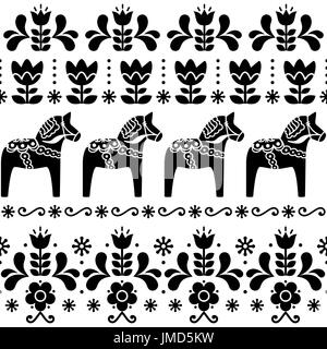 Svedese cavallo Dala pattern, Scandinavian seamless folk art design con fiori Illustrazione Vettoriale